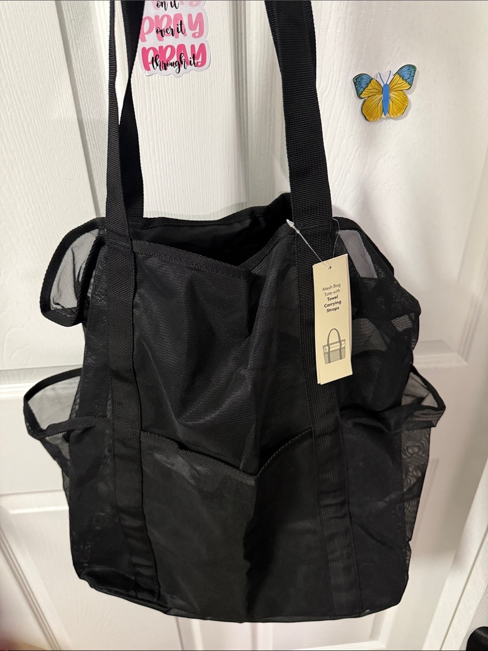Black Mesh Cosmetic Tote Bag with Multiple Pockets - Unbranded